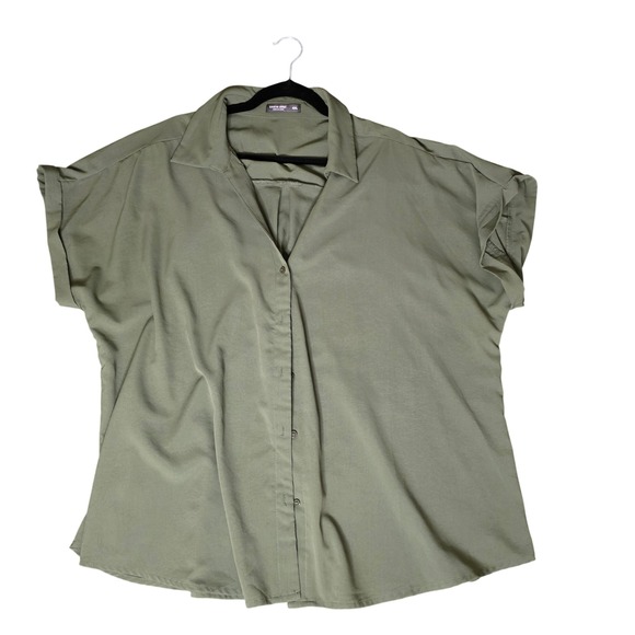 Women's Olive Green Button Up Blouse Short Sleeve Collared Top Casual Workwear - Picture 1 of 5
